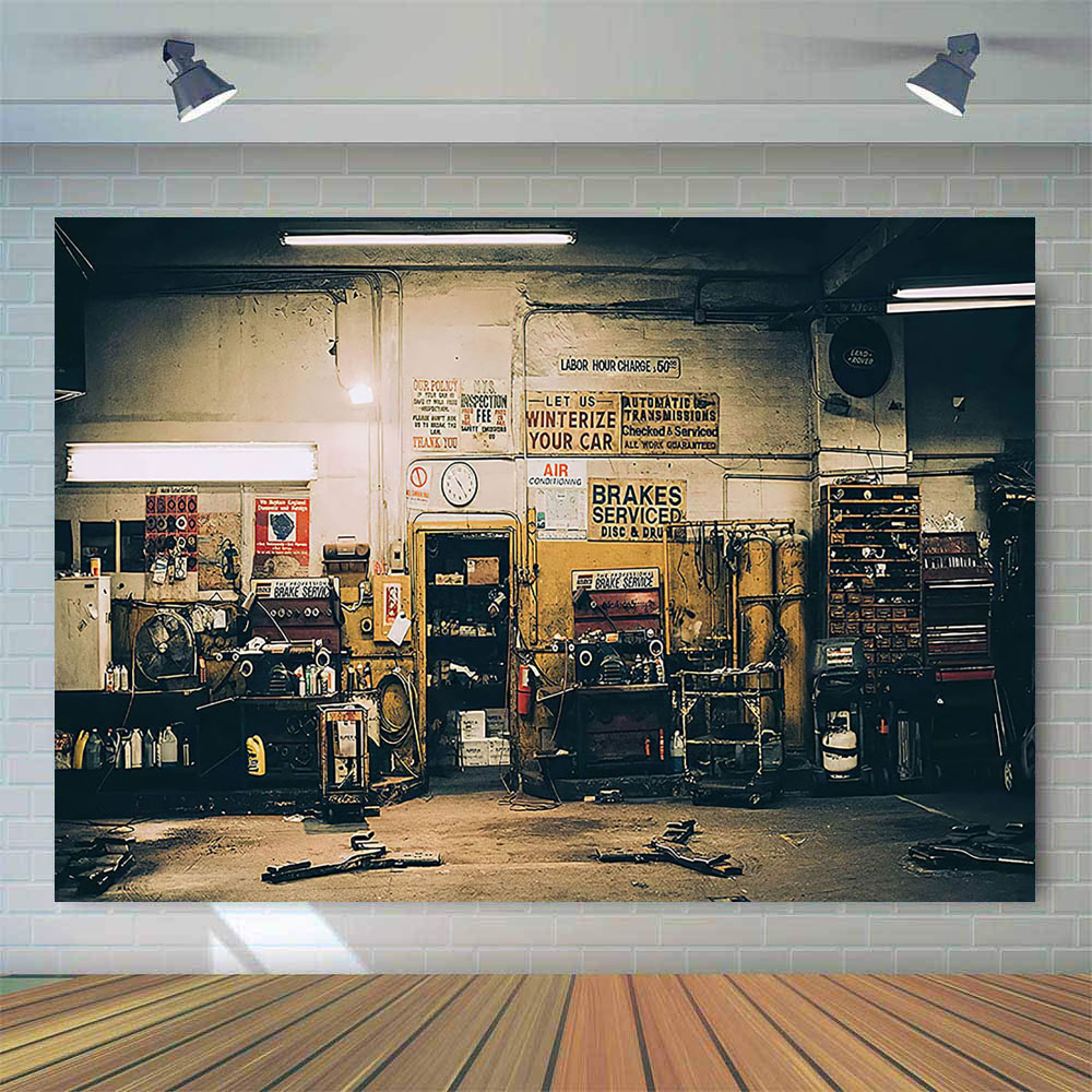 Retro Car Repairs Backdrop Too - Tools Workshop Kids ulasan dan harga